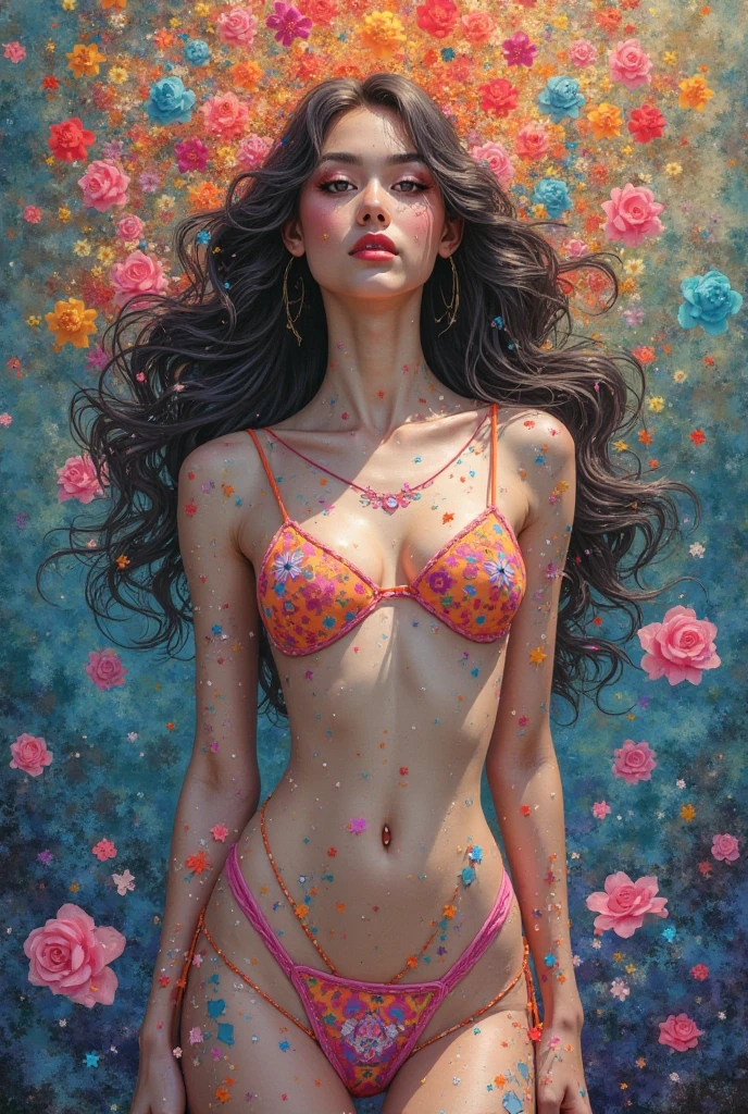 (Official Art, Beautiful and Beautiful :1.2), (1girl:1.3),( Fractal Art :1.1),(Colorful:1.1)(blossoms:1.3),The most detailed,(Zen painting:1.2), full bodyesbian, ( abstract backgrounds:1.3), (SHINY SKIN), (many color:1.4), ,(耳Nipple Ring), (feater:1.5),