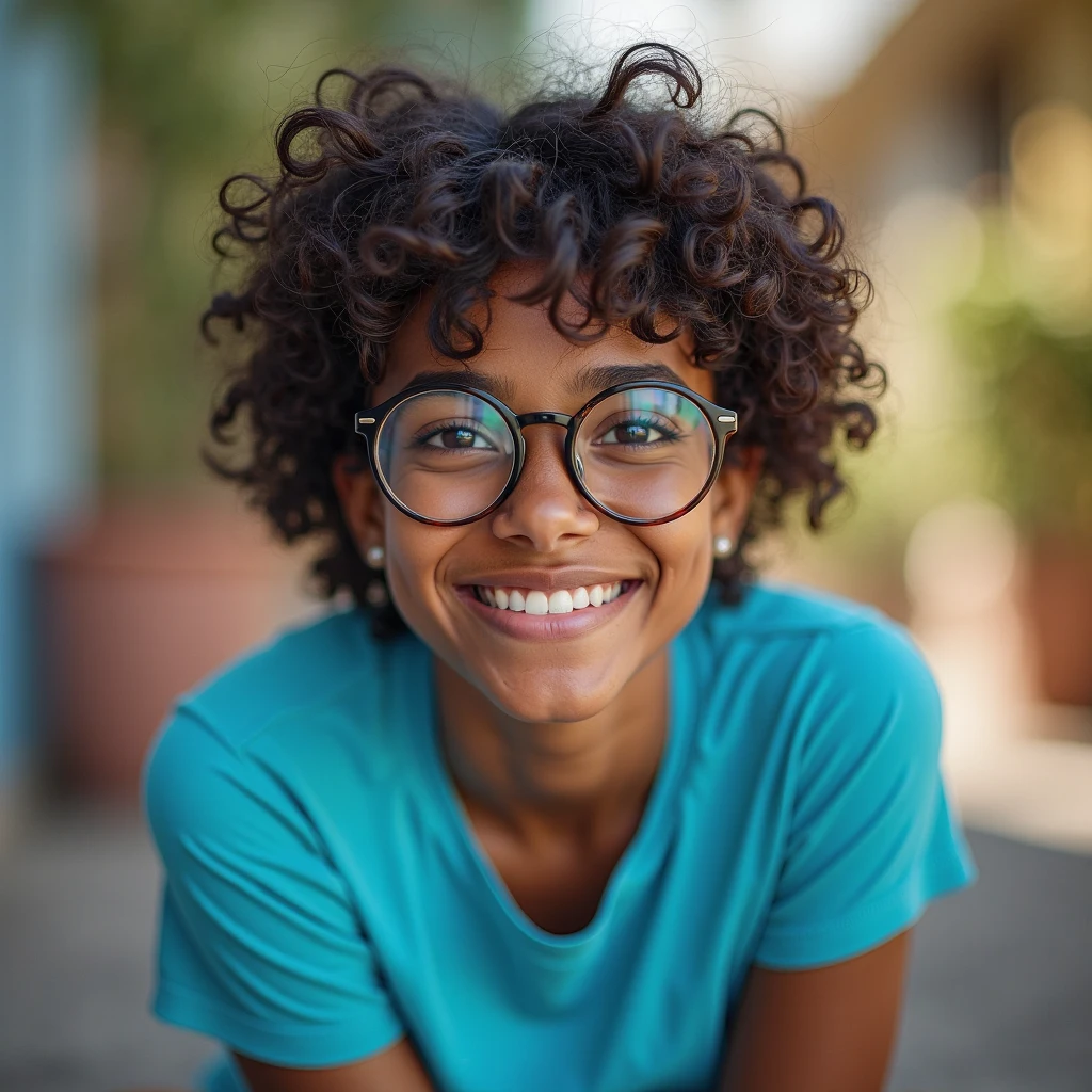 1girl, circle glasses, large glasses, Smile , Look at the camera, messy shortt hair, dark-skin, Round eyes, cyan blue shirt, black shorts, close-up, magazine lens, dynamic pose