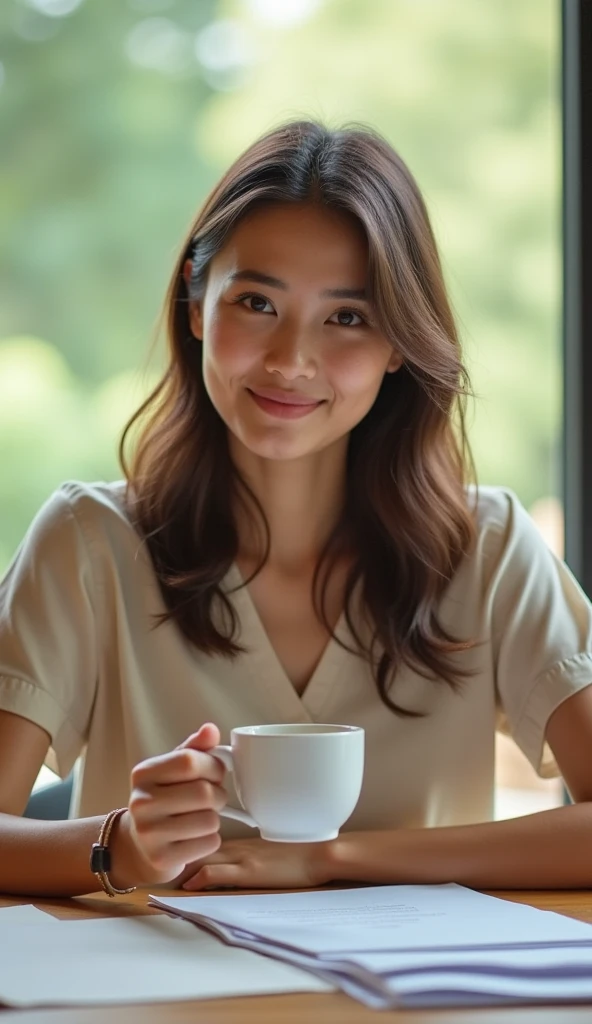 One lady,Sit at the table,The expression is gentle,Holding a coffee cup,tered documents on the desk,The scenery outside the window is blurry,4k高清,Fine painting,photorealestic,Soft light,Warm Hues,Fresh and natural,Quiet environment,Comfortable and cozy