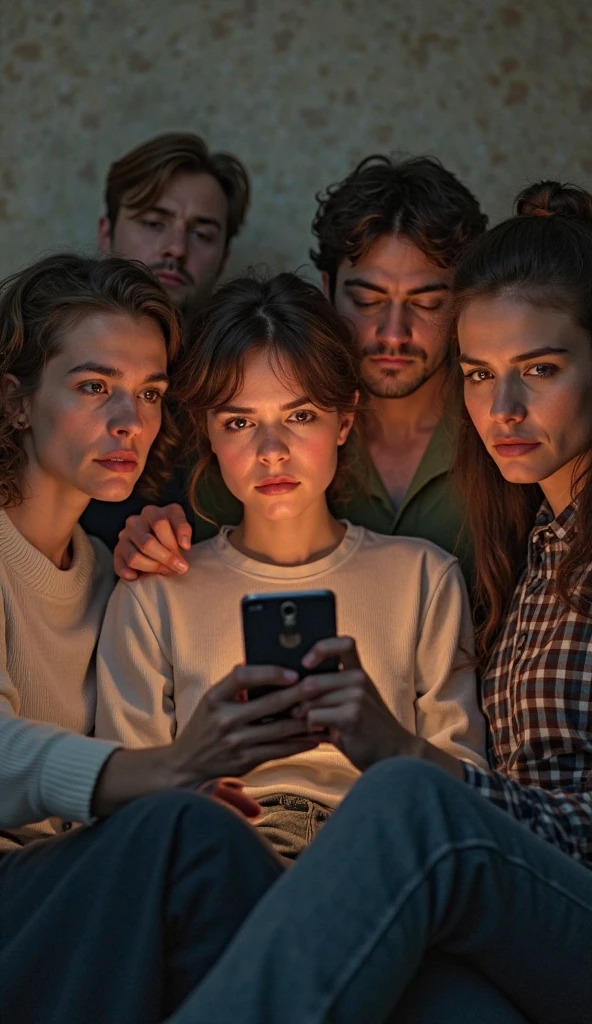 Several men and women, sitting in the couch, Look at the phone. Crazy sarcastic gaze,