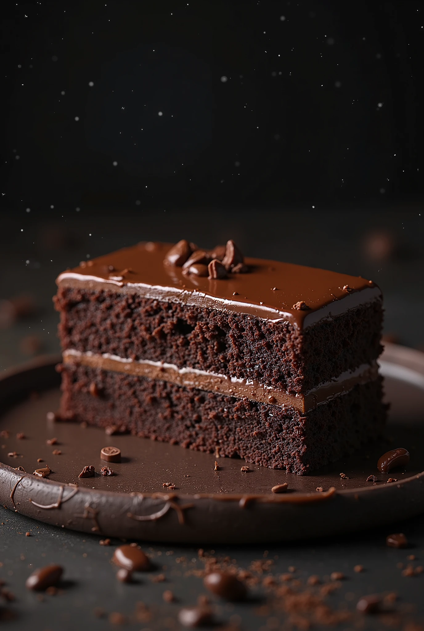 cinematic still-frame chocolate, chocolate cake ,deep dark background,High quality photos,Wet texture,Icing ,studio photo,slice,shallowdepthoffield,Vignette,Very meticulous,High budget,Bokeh, widescreen,gloomily,epic,opulent,cinematic grain,grain sense