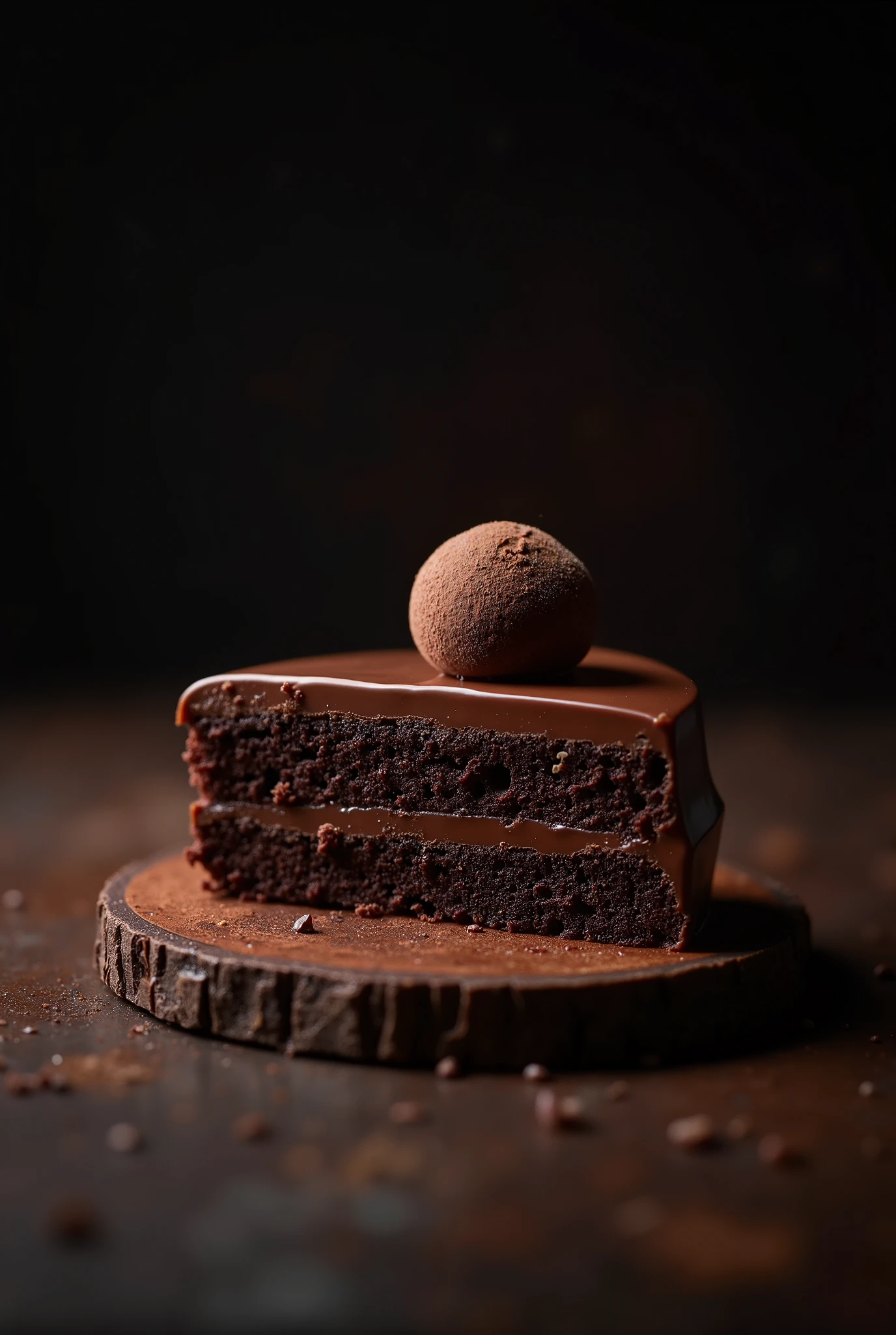 cinematic still-frame chocolate, chocolate cake ,deep dark background,High quality photos,Wet texture,Icing ,studio photo,slice,shallowdepthoffield,Vignette,Very meticulous,High budget,Bokeh, widescreen,gloomily,epic,opulent,cinematic grain,grain sense