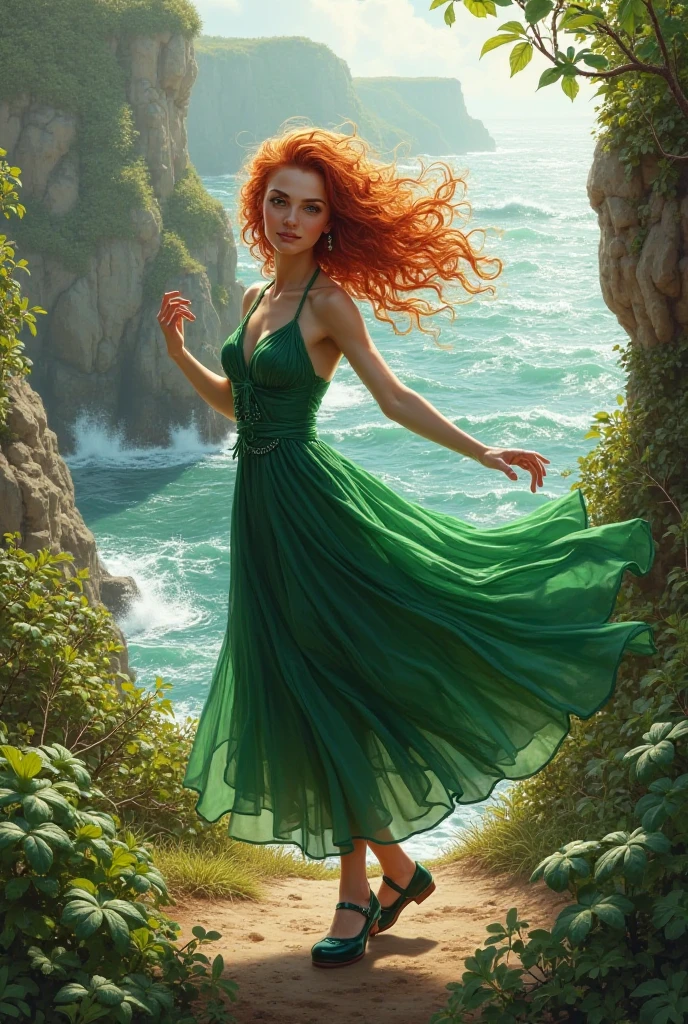 An alien girl whose full body is made of minerals dress, diamond dress, Amazing details, portraits, vivid colors, studio lighting, realistic, long hair flowing in the wind, ocean green eyes, otherworldly beauty, surreal atmosphere