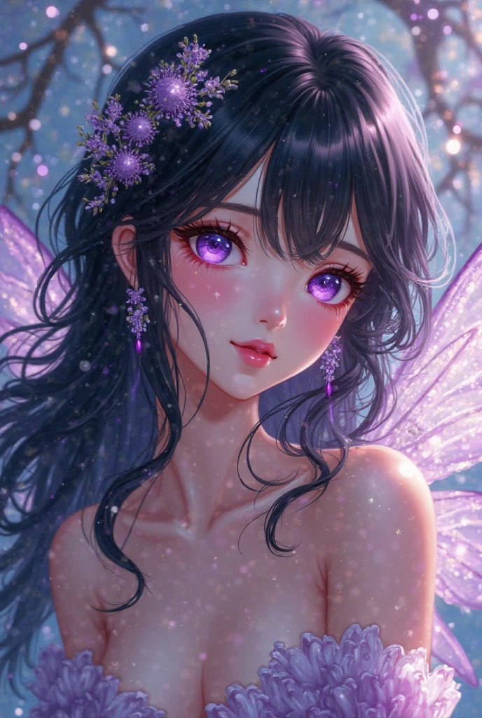 Portrait girl with fairy wings , purple hair, flower in hair