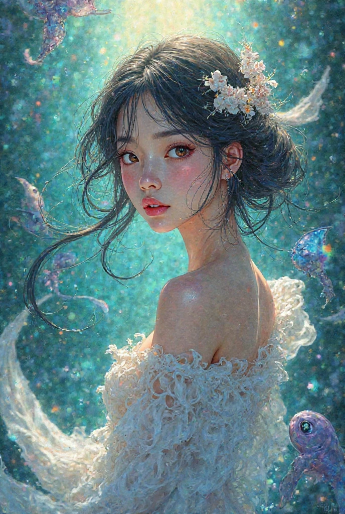 ((detailed hands and fingers)), all objects are white on this painting, everything is white, there is a white and gentle painting of a cosmic fairy woman with detailed hands and fingers and glitter on her skin inspired by George Barbier, Tara McPherson, Brittney Lee, blowing bubblegum, Lisa Frank & sho Murase, by Shinoda Toko, inspired by Hsiao-Ron Cheng, Japanese pop surrealism, colorful illustration, colorful illustration, fantasy pop art, inspired by Victor Mosquera, blue bubblegum