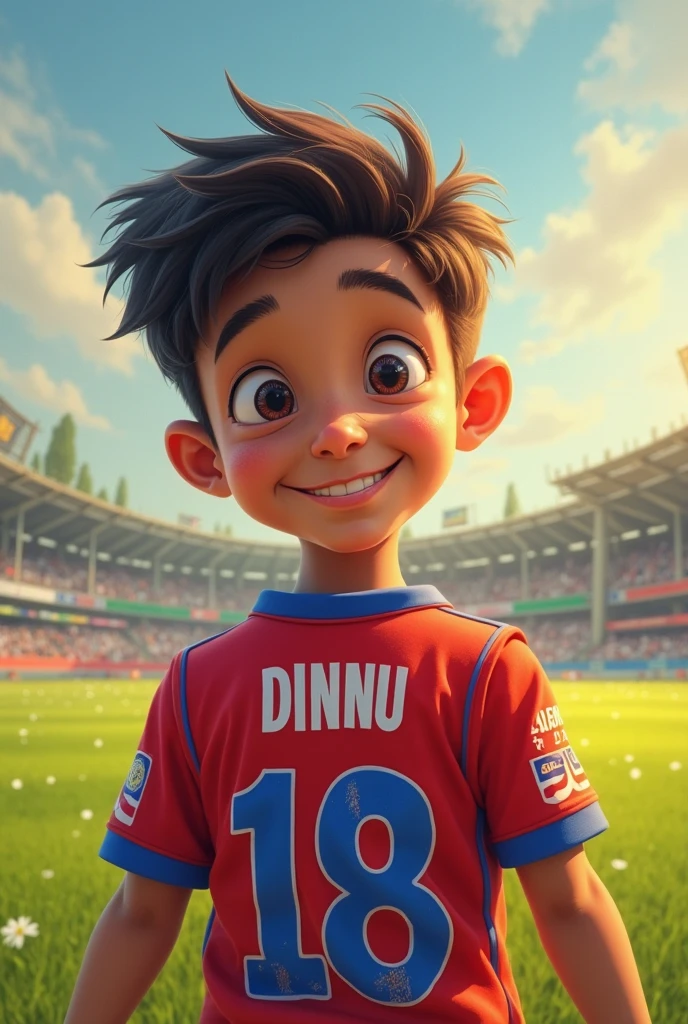A boy with jersey number 7 and wearing csk jersey with name irfan printed on back of the body with long hair ,