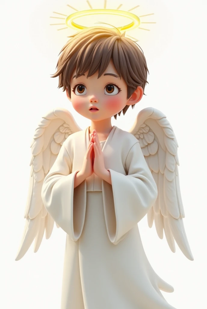 Design a baby in portrait format that is standing with his hands in prayer, has medium-length hair and is dressed like a Spartan, includes angel wings and is in shades of gray and gold.