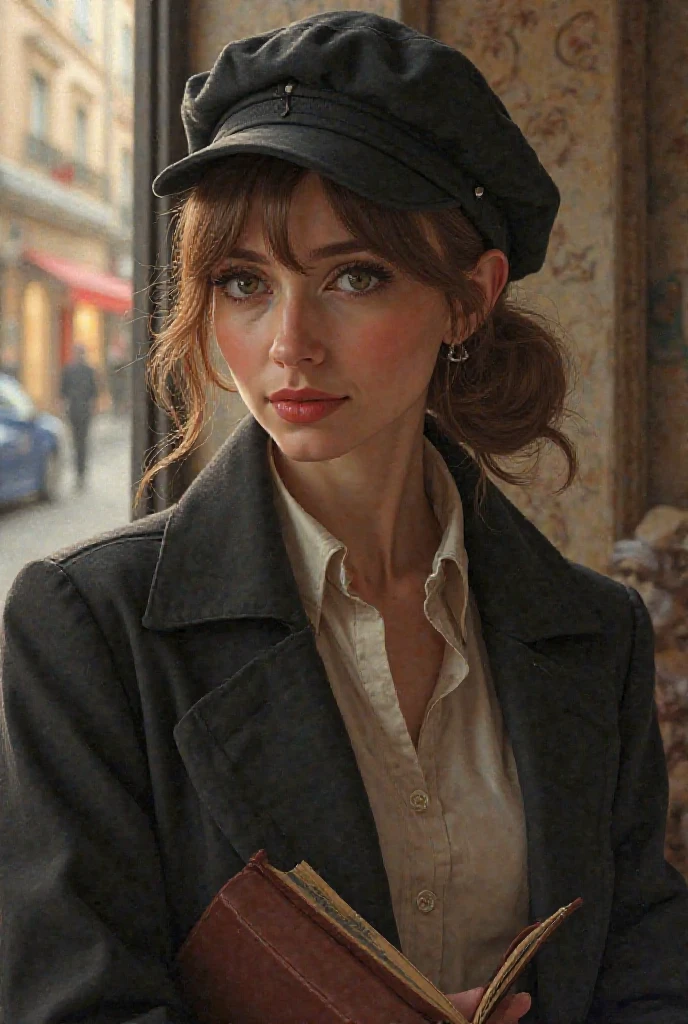 low angle of stunning 25 year old woman wearing a beret and mohair jacket in 1969 Paris, looking away from camera, portrait taken by David Lazar, portrait by Joel Santos, Portrait by Steve McCurry <lora:nucleardiff:1>