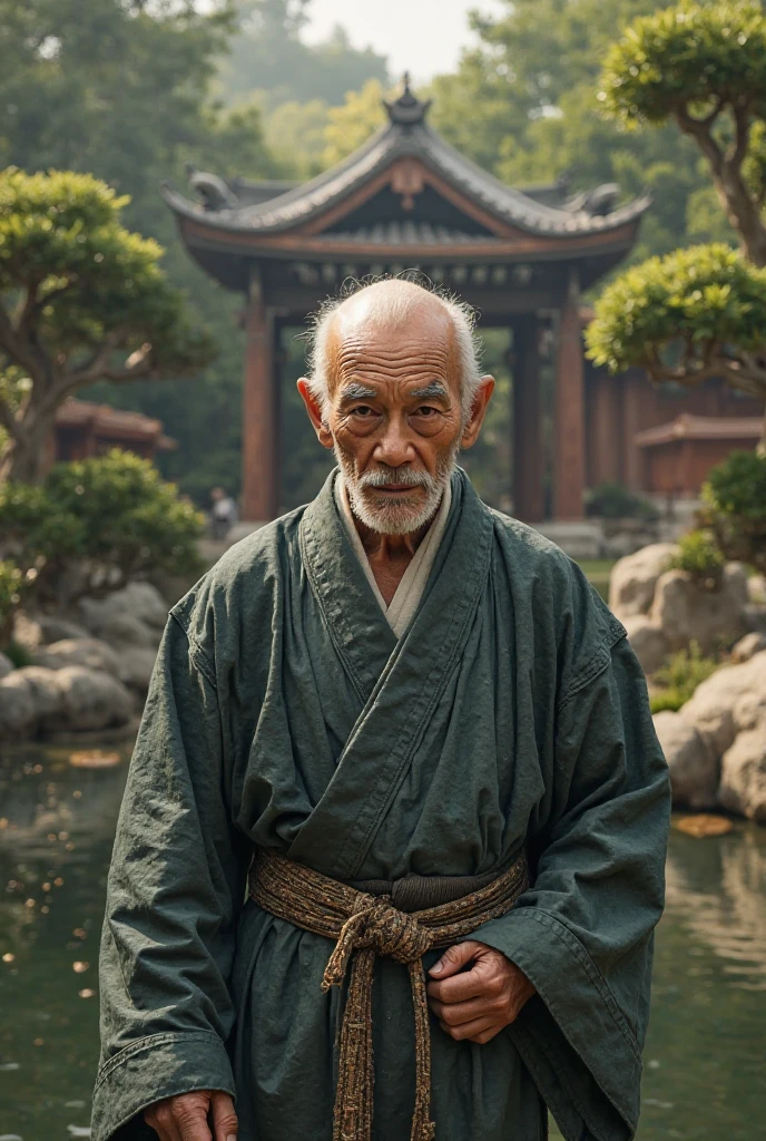 An old man，Wearing a monk's robe，Face to the camera，The expression is kind