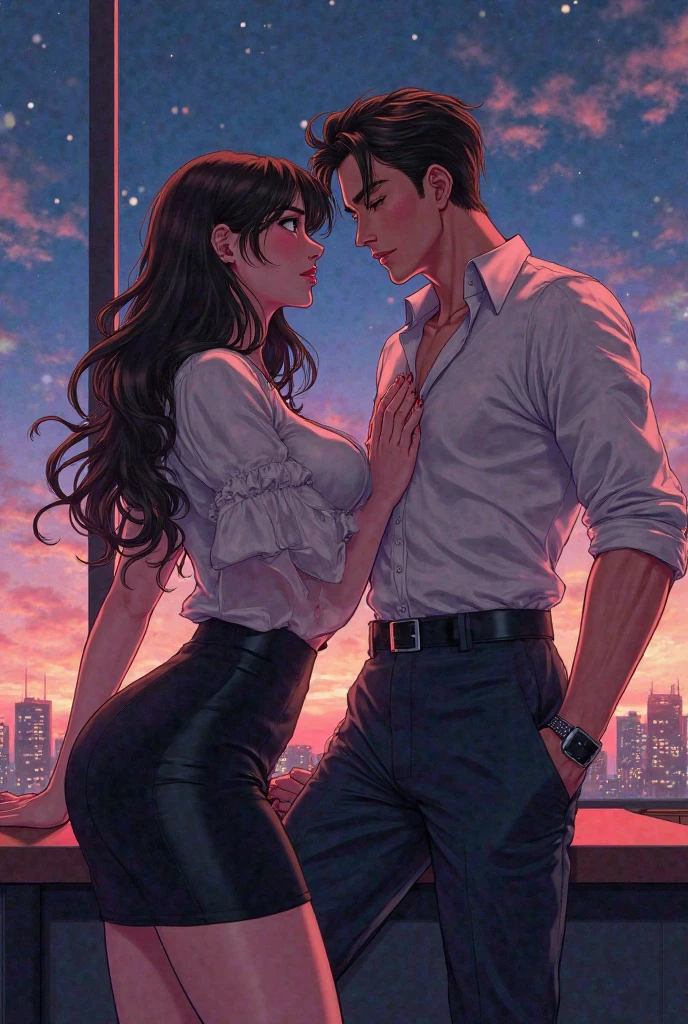 moving image female character style digital art curly white hair bright yellow eyes beautiful stunning, being picked up by tall white skinned athletic man to kiss him, The man has long black hair with white bangs white bangs, black eyes, full body large window city view