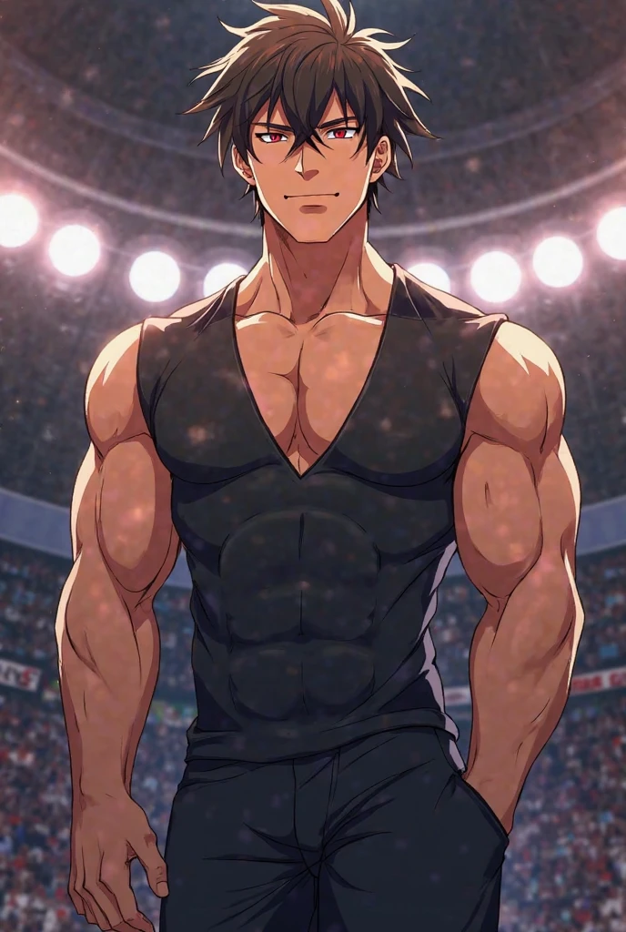 A boy in Japanese anime theme brown hair brown eyes muscular shirtless in a locker room and wears sexy tight black and white briefs an erection of the penis his shorts slide down his right leg examination he touches his briefs facial expression embarrassed roaring pleasure sexy sweating shorts undress