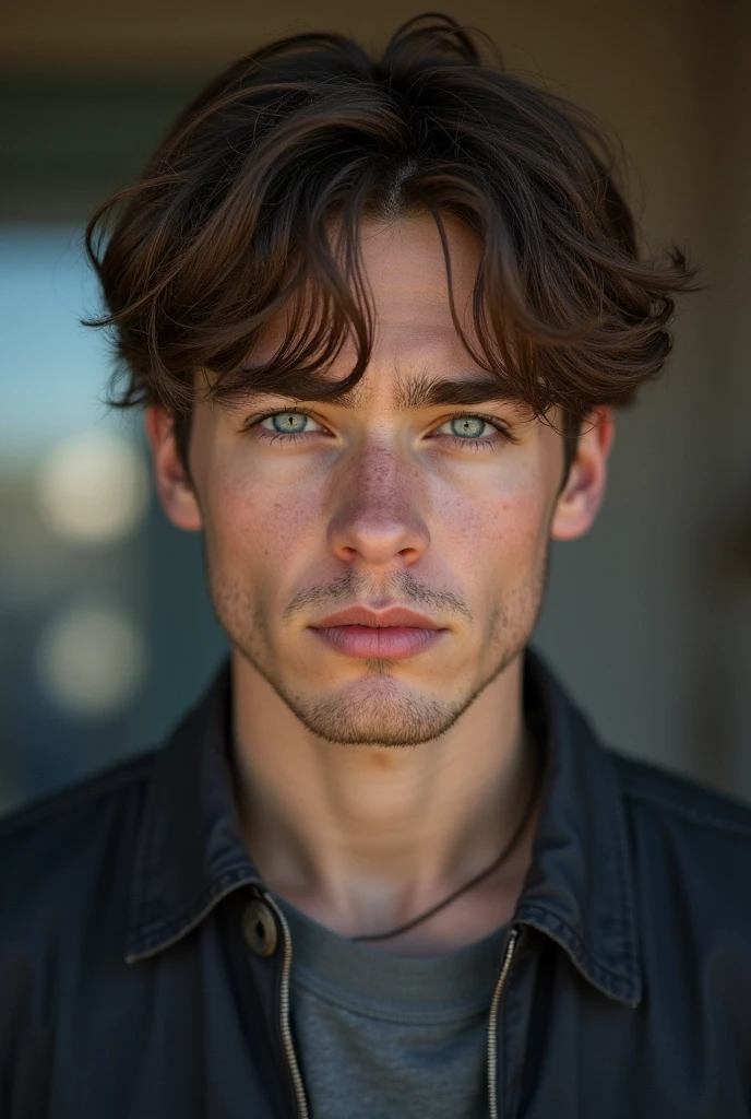 Portrait of a handsome guy model, 18 years, no shirt, Bareshes, without a beard, with wavy hair, blue eyes, fat lips, defined muscles, fit, Torn hull, medium plan, highest detailed face, Darmatic lighting, low key light
