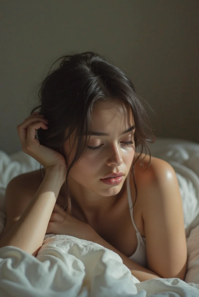 Create a 4K high quality 3D rendering image of a hot MILF without wearing any clothes full nude,  sleeping on a bed and wanting to have sex.