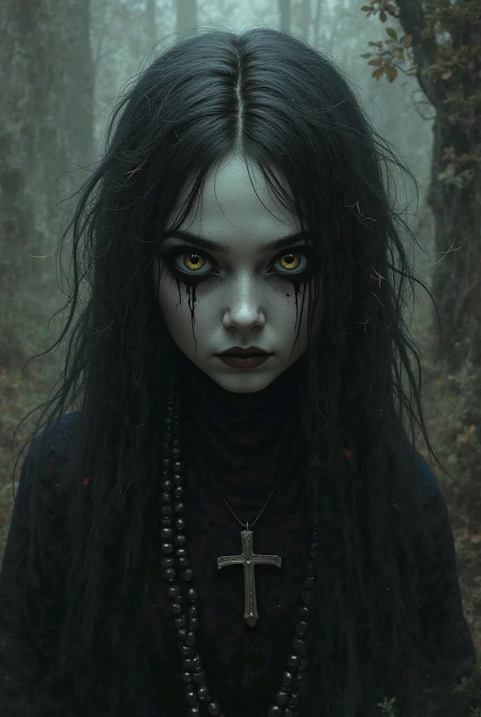 a closeup of a girl with a scary face, which stands in a cemetery, digital art inspired by Mark Ryden, cgsociety contest winner, Gothic art, Horror-Fantasy-Art, fantasy Horror art, dark fantasy Horror art, detailed 3D Gothic oil painting, detailed 4k Horror artwork, elegant Horror artwork, fantasy dark art, gothic fantasy art, Horror art
