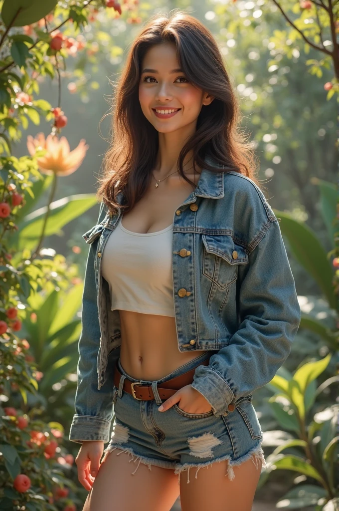Highest quality, masterpiece, Ultra-high resolution, (Realistic:1.4), Beautiful woman, Clear grey V-neck shirt, G-string, Cleavage, ((Denim jacket)), Center of chest, Tight waist, Shiny skin, 魅惑的なsmile, Bokeh, smile, pubic hair, thick pubic hair, long pubic hair, Denim hot pants, Brown Hair、In the fresh green forest、