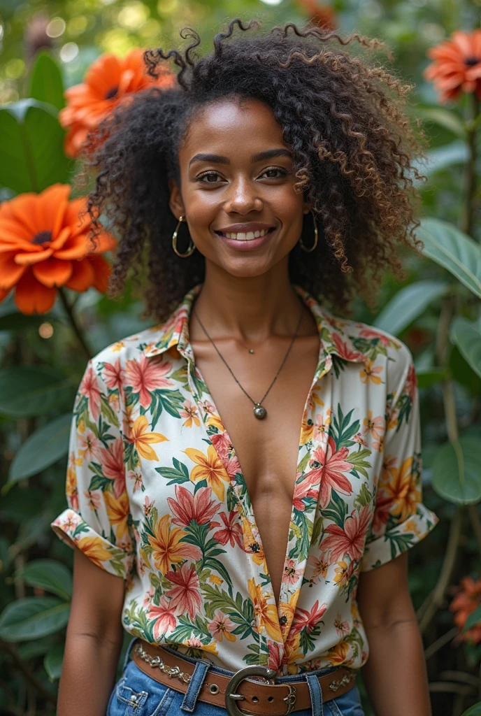 A Brazilian woman in a lush tropical garden, wearing an open shirt with a floral print, with a close-up capturing the harmonious beauty between her breasts and the natural flowers, showing off your natural charm and outgoing personality.