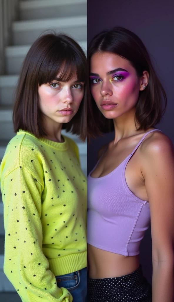 Two portraits of a young adult, likely female, in a split-screen ...