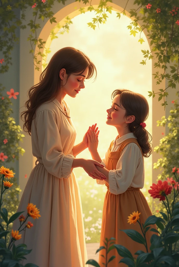 Mother and daughter smelling dress