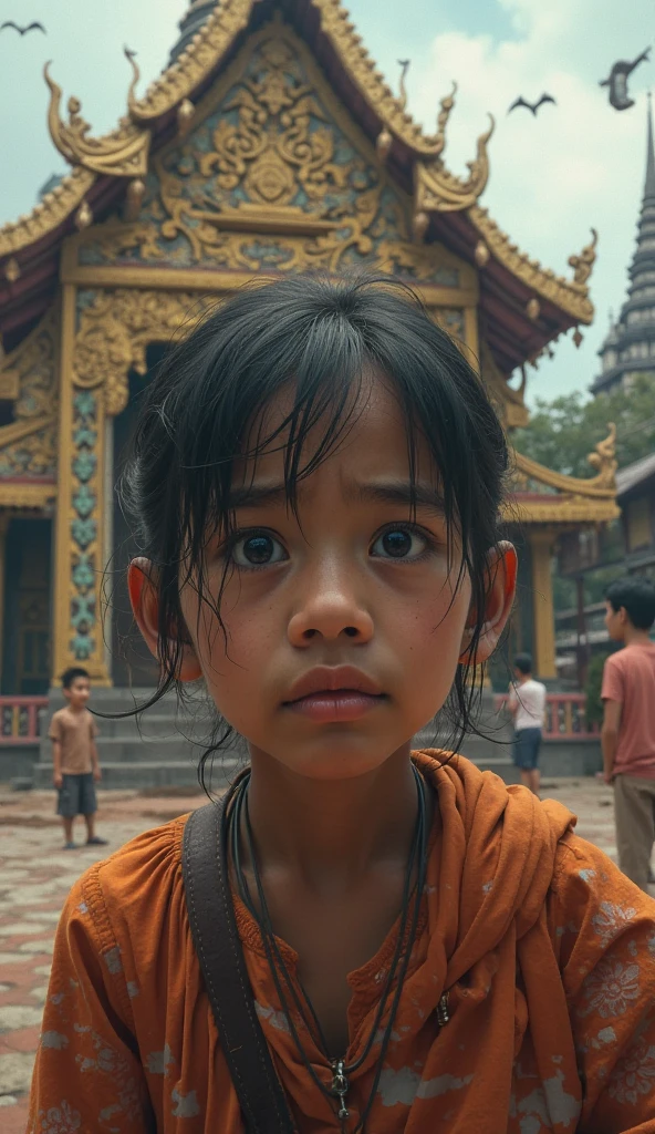Generate a image of a young girl, 10 years old, from myanmar, with myanmar features, realistic city background, best quality, real, well detailed, hyper-realistic