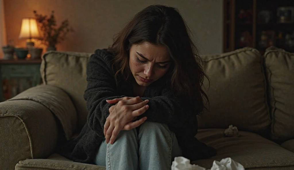 Woman sitting on the couch crying realistic image 4k - SeaArt AI