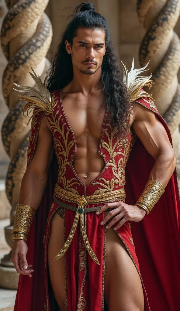 muscular physique, short styled hair, elaborate turquoise necklace, turquoise and gold cape, matching wrist cuffs, teal form-fitting pants, intricate belt details, standing pose, hand on hip, well-defined abs, strong and confident atmosphere, indoor setting with soft colored backlighting, dramatic lighting focused on subject