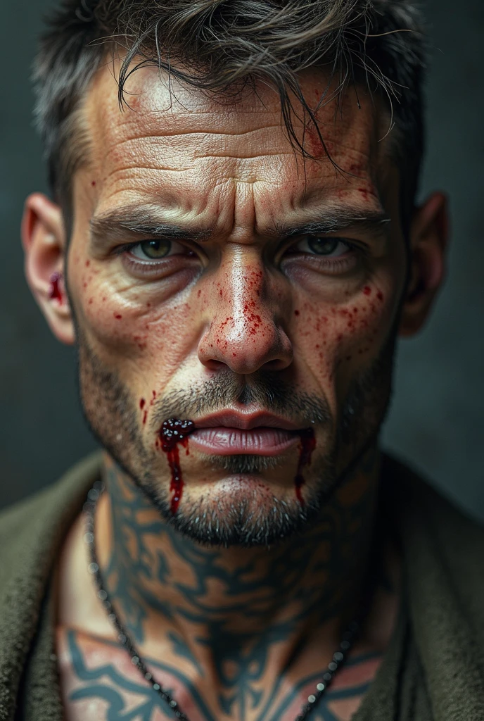 Tattooed male model shaved head, pointy mustache, soul pach, visible glasgow smile scars (red and big scars) slim fitt, face and neck emerging from absolute darkness.