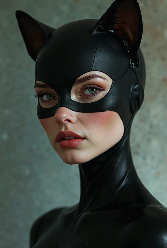 a skintight airtight glossy transparent foggy clear rubber layer is skintight-airtight-sealing the face of a  catsuited slim european  busty  who is gasping for air, trapped inside rubberstore