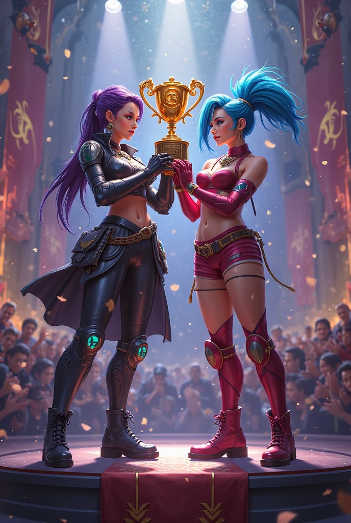 Vi and Jinx from League of Legends receiving an award