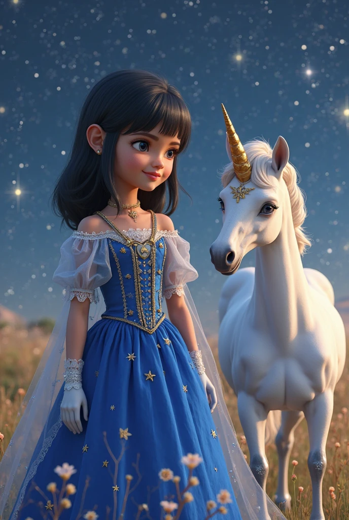 A young girl with brown hair in a blue dress, smiling and posing closely with a white unicorn with a golden horn, set in a magical forest with sparkling lights