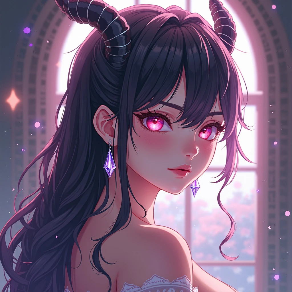 A 20 year old long pink mix black (gradations) haired woman, curly hair style, pink jewelry sharp dragon eyes, white/fair skin, with black dragon horns on top of her head and pink roses flowers against her horns. looks pretty, graceful yet intimidating and terrifying. wearing a fancy greek dress which make her looks like a goddess. make it with pink flower background and in semi realis anime style. Her expression smirking
