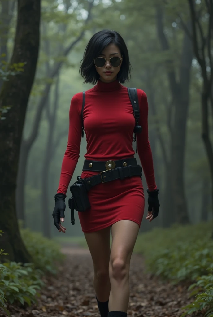 (8k, RAW photo, highest quality), picture of a young woman, <lora:Demi:1>, Demi, black hair, short hair, red eyes, red dress, gloves, single mechanical arm, pantyhose, headset, fingerless gloves, in a forest, trees