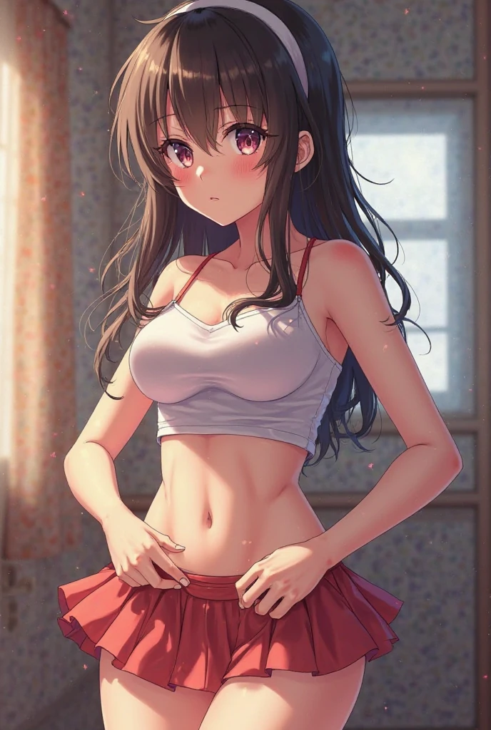 Fantasy art、School girl student、(((masterpiece, highest quality:1.5))),cowboy shot,20 year old beauty,solo,((very small head)),dark brown hair,ponytail hairstyle,long hair,bangs,brown eyes,shy,medium breasts,(very long body),slender body,skinny,gleaming skin,oily skin,sweat,clavicle、White bra、navel、Pleated red mini skirt、white_thighhighs、Simple bed、Simple bedroom、Student dormitory、Harry Potter World、