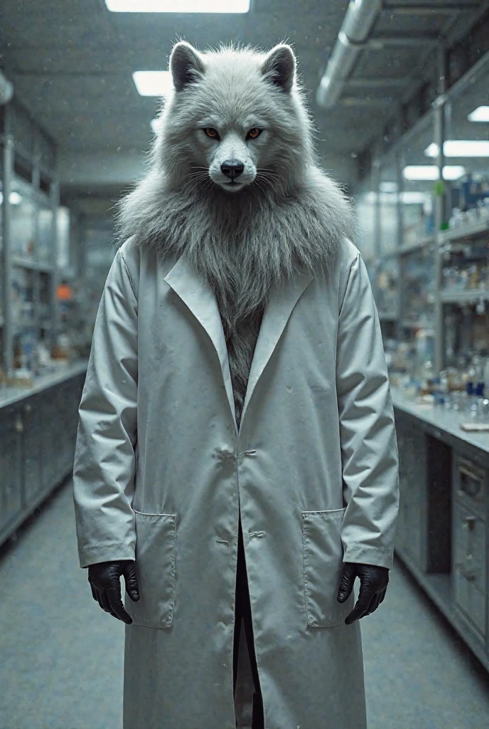 Anthropomorphic Hellhound, scientist coat, red eyes, abandoned lab background, tall, male