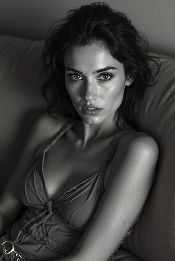 portrait Beautiful sexy brunette woman sensual in underwear black and white photo lying on a bed