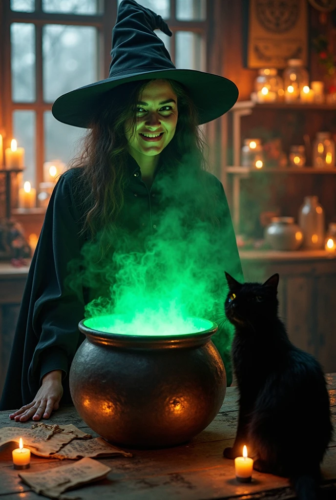 A mysterious witch in a pointed hat and dark robes stands before a ...
