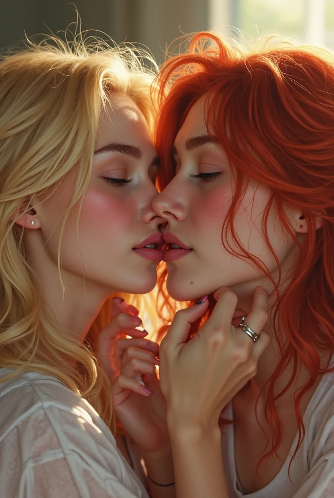 2 two ((diferent)) lesbian girls sitting at a table in a wedding reception holding hands, looking lovingly into each others eyes, ((they look at each other)), they turn to each other and cry, ((they are about to kiss with great passion)), (((messy dirty girls))), the lesbian sexual movement, sensual touching in a sensitive place, seen from behind, hot kissing, sensual touching, sensitive touch, (she reaches between her legs with her hand :1.1) they sexually excite each other, their hair is different colour, wearing different coloured tshirts and long skirts, bare midriff, blurred background, slim bodies, slim girls models, 25-year-old female models,(Extremely meticulous CG 8k wallpaper), (Ultra High Resolution:1.0) ,beautiful light up,realistic shaded,(A high resolution) Extremely exquisite facial details, photorealistic, (anatomically correct). 1 verry curly ginger hair, 1 wavy platinum blonde hair.