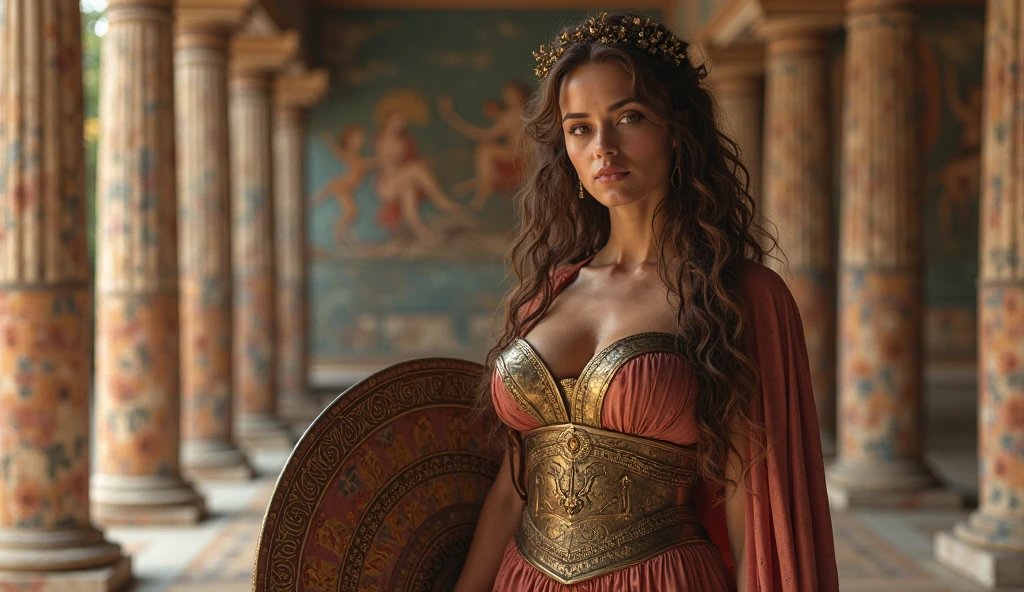 classic nude painting of the warrior goddess Athena, a divine woman with brown hair and gray eyes, her face exuding nobility. She is wearing red armor and a Greek helmet, lying face down in angel pose and barefoot. Her barefeet are up.