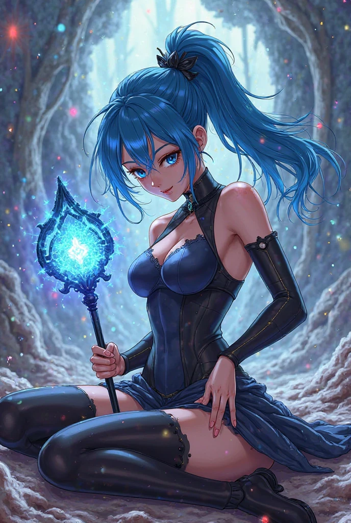 Lady Labrynth, large breast, blue eye, glowing, glowing eyes, happy) (digital) (crossed legs style in detailed ) , best quality, masterpiece, looking at viewer, smile, shenhedef, shenhernd
