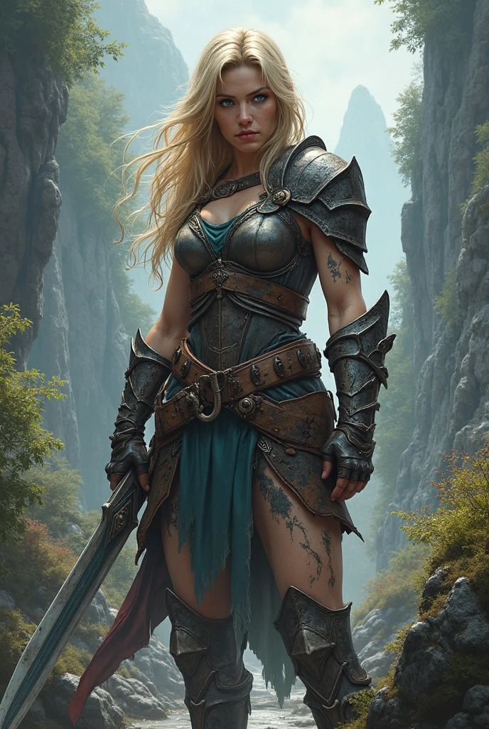summer flowing river, (Aluminum skin:1.2), [(female dwarf:1.2):girl:35] warrior, intricate highly detailed Burgundy Ash light armor, pointy ears, highly detailed facial features, frown, cinematic lighting, realistic full length full body portrait, dominant action pose, fur cape, outdoors, sunlight, medium range low angle shot, protective gear, Anke Eimann, pants, shirt, leggings, skirt, bra, top, bustier, corselett, corsett, bodysuit, <lora:kenkelly:0.7>, kenkelly