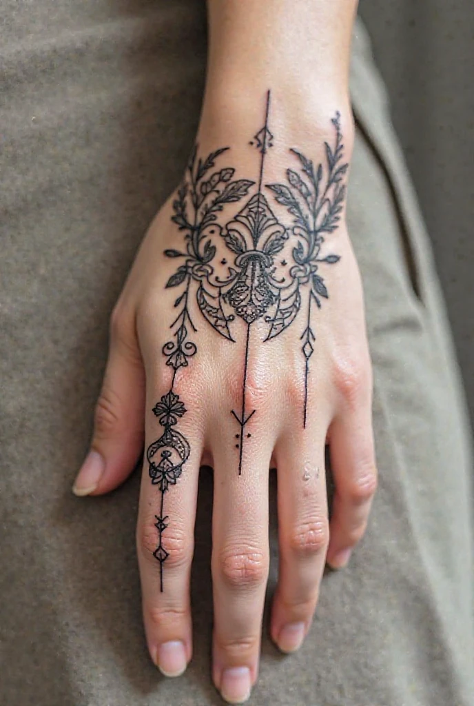 Hand tattoo for a masculine woman that is black and with fine lines