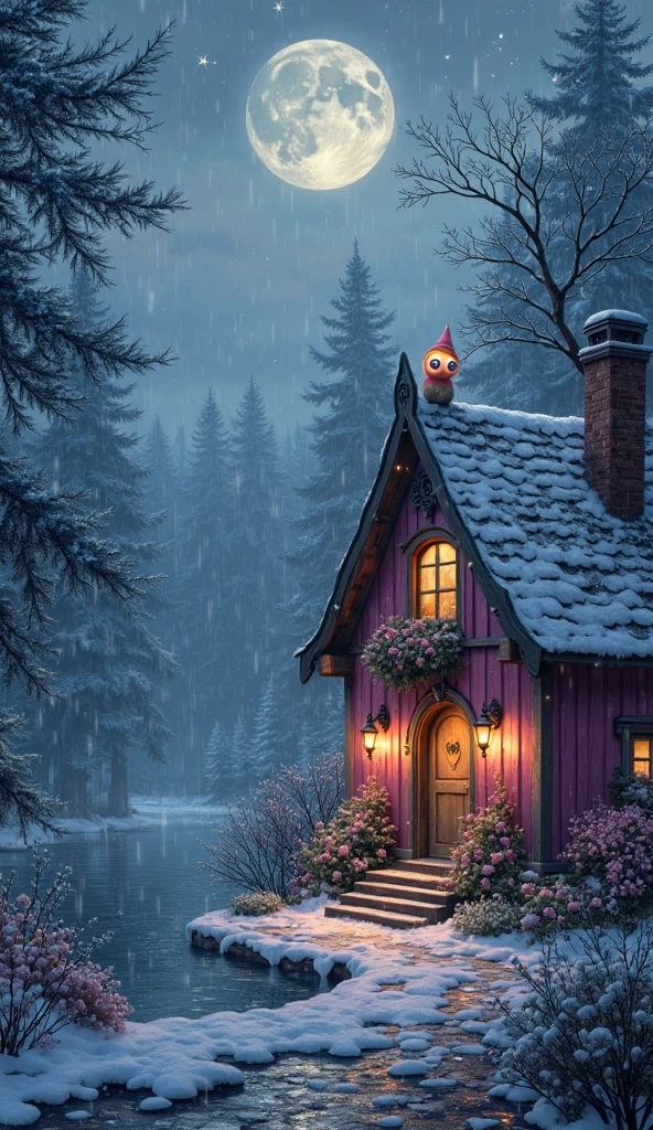 5-year-old girl happily builds a big snowman，snowflower，at winter season，Thick snow，footprints，Colorful，like a dream，in pink，Disney animation style，Disney animated film style，（（Best quality at best））， （（tmasterpiece））， Enhanced dynamic viewing angle，，flowers blooming，Cottage in the woods，glowing effect，ultra - detailed，Works of masters，high high quality，8K分辨率，depth of fields，电影灯光，epic shooting，high high quality，ultra - detailed，Detailed pubic hair，Accurate，电影灯光