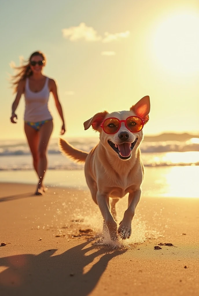 NSFW. (red bikini) (Melissa Benoist ((human)) medium breasts, cameltoe) full body, smiling, standing and walking beside a (huge male furry white pitbull dog on all fours with dog penis) on a deserted beach