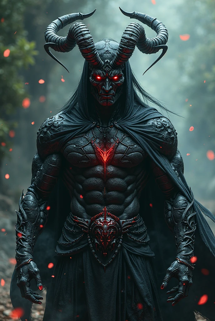 Long tied black hair,man, with out wearing shirts, showing medium body physic, wearing a black demon helmet , helmet eyes are burning in red fire,vains are flowing with larva ,calm helmet face, background : a street after a big fight ,cars are upside down.