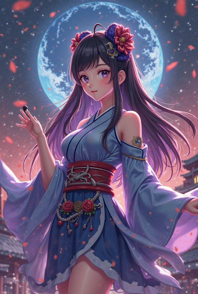 1girl, Solo, High Resolution,Very Long Hair, Pointy Ears, From Above, small breasts, purple eyes, dark blue hair,Smile, Light Blush, Ukiyo-e, long dress, white dress