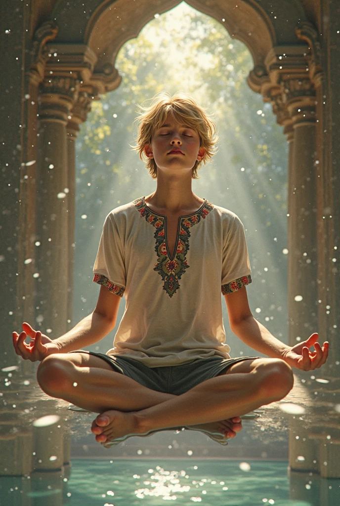 a jedi 14yeays boy, with white monk pants, shirtless, light brown short hair and ice blue eyes, toned body, Abandoned jedi temple garden as a backdrop, frontal, meditating, smooth body