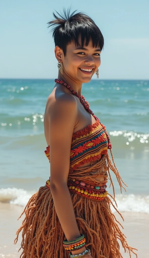 (Master Parts, Highest quality) Expressive, happy eyes, Perfect Face, 1 attractive beautiful woman, whole body, Brown Skin, A loose oversized white dress, Exposed shoulders, Close your mouth and smile brightly, Cyan Twintails, Dark brown eyes, wavy red hair