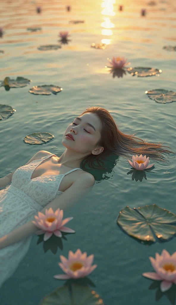 A serene scene of a beautiful Thai-Chinese woman meditating in a lush white floral dress. Adorned with spiritual accessories such as a gemstone necklace, she sits on a cosmic background. Surrounded by large floating planets and delicate and soft light particles. The scent of blooming flowers permeated the air. and gentle water ripples surround the pink lotus in the center. Helps increase the feeling of tranquility.