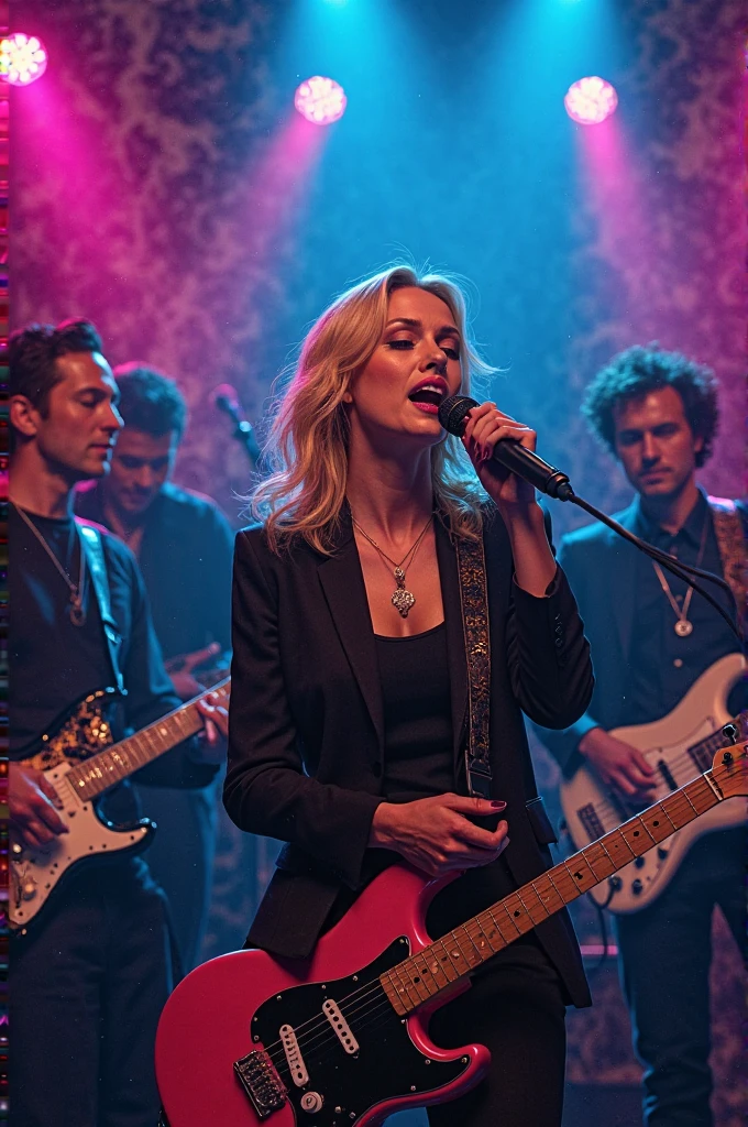 A music group with 2 guitarists on the side, one is bald and the other has long hair. There is a blonde saxophonist and a bald bassist. A singer is in the middle, she is blonde and very beautiful.