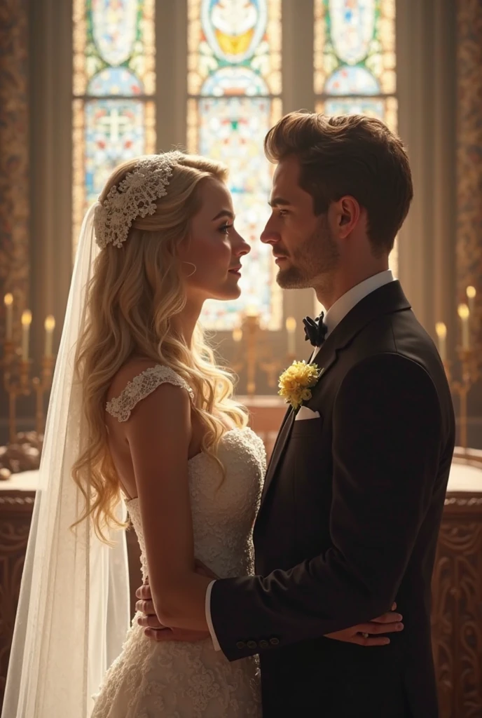 Cinematic action scene for romantic modern novel where beautiful bride and groom positioned at the center, in front of Priest in beautiful and elegant church with soft lighting and full off guests. Bride and Grom stands separate. Cinematic action scene, highly detailed, wide shot, Low Angle Shot, 4K, highly detailed, epic scene, dynamic scene. The Priest stands between the bride and groom, reciting vows. MALEFICENT DANICA, an elegant bride in her 30s. The woman appears elegant and romantic. Her hair is styled in an updo, with her blonde or light brown hair gathered at the back of her head. A decorative hair accessory, resembling a floral or jeweled headband, adorns her hairstyle. She wearing a luxury wedding, as her shoulders and upper chest are bare. The woman is wearing earrings that appear to be dangling or drop-style, adding to her sophisticated look. Her makeup is noticeable but elegant, with what appears to be darker eye makeup enhancing her eyes. Her facial expression is soft but tense. Her eyes are nearly closed, and her lips are slightly parted, conveying a sense of emotional anticipation. PEYGAN SINCLAIR, a handsome man in his early 30s. The man looks elegant and stylish. He has a well-styled haircut featuring a classic look. His hair is medium-length with a slight wave, adding volume and texture, while the sides and back appear shorter and neatly trimmed. The hairstyle is likely achieved with a side part, giving it a clean, refined appearance.His beard and mustache that complements his strong jawline. His skin tone is fair, and his features are sharp and defined. He is dressed in a classic black suit with a white shirt and bow tie. His facial expression is calm and focused. His eyes are nearly closed. Overall, the man gives the impression of an elegant, well-groomed, and confident person. The lighting in the scene creates a soft outline of their profile, adding drama and depth to the image.