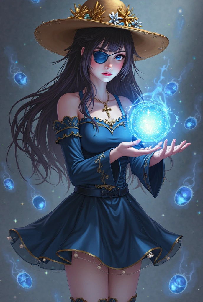 a woman dressed as a witch holding a crystal ball, a digital painting, by Yuumei, alphonse mucha and rossdraws, glowing blue, priestess in a conical hat, cgsociety - w 1 0 2 4 - n 8 - i, seraphine ahri kda, commission for, flower goddess, :: rossdraws, yennefer, big breasts, , sexy , in morning bed, sunny day